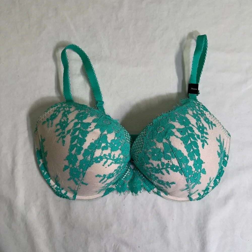 NWT Victoria's Secret Dream Angel Teal/Ivory Lace Push Up Bra 34DDD - Picture 1 of 3